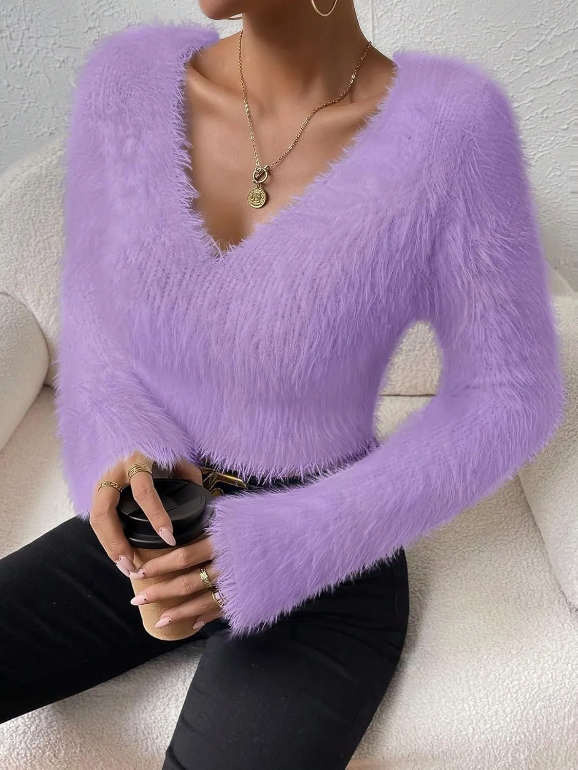 Fuzzy Sweater for Women Long Sleeve V Neck Crop Sweater Cute Plain Fitted Warm Crop Tops Knitwear Sweater Short Tops