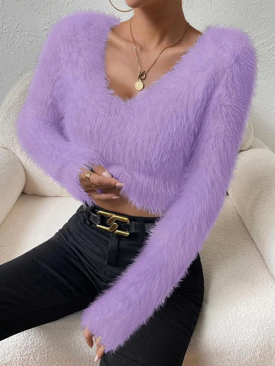 Fuzzy Sweater for Women Long Sleeve V Neck Crop Sweater Cute Plain Fitted Warm Crop Tops Knitwear Sweater Short Tops