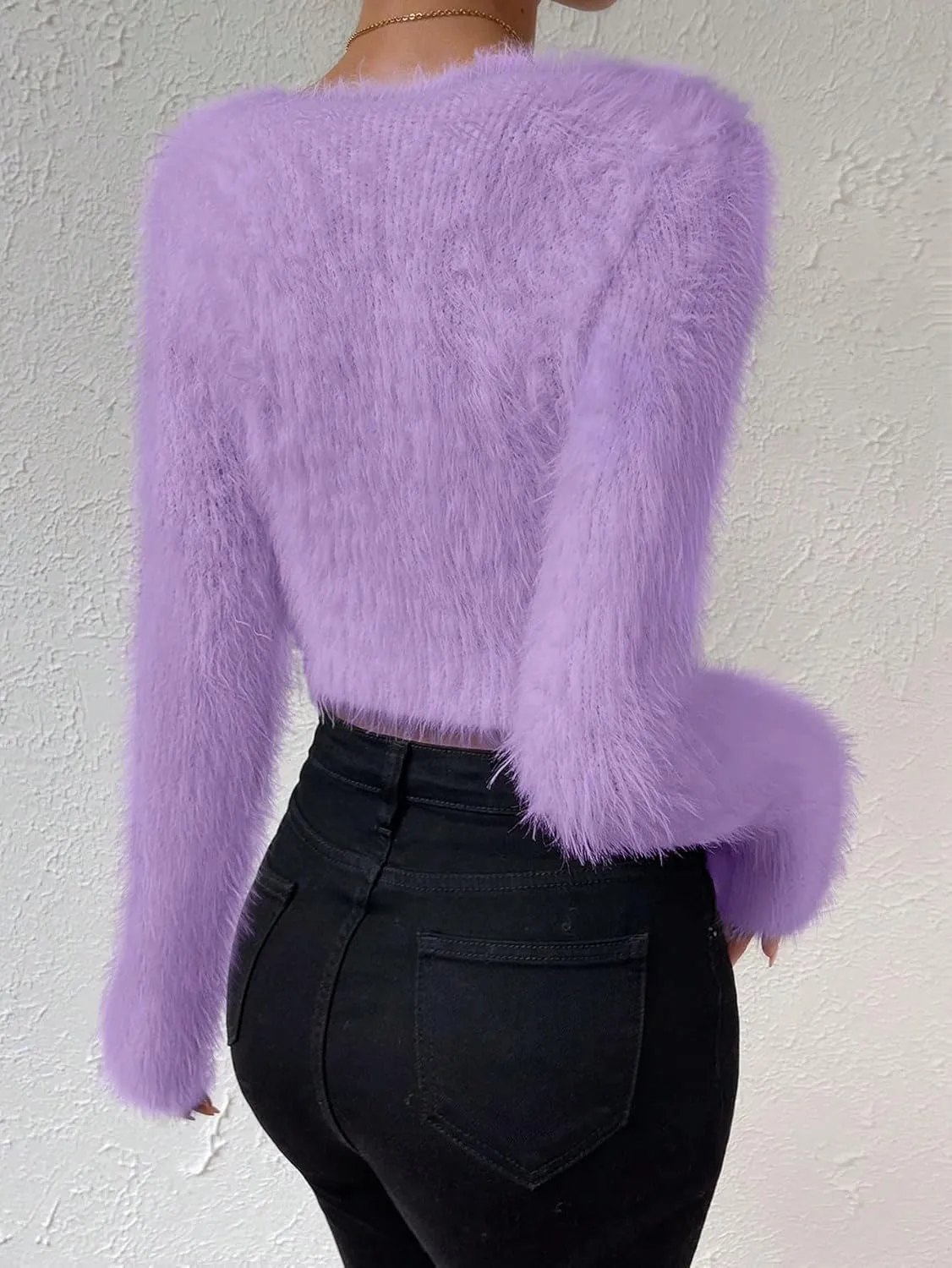 Fuzzy Sweater for Women Long Sleeve V Neck Crop Sweater Cute Plain Fitted Warm Crop Tops Knitwear Sweater Short Tops