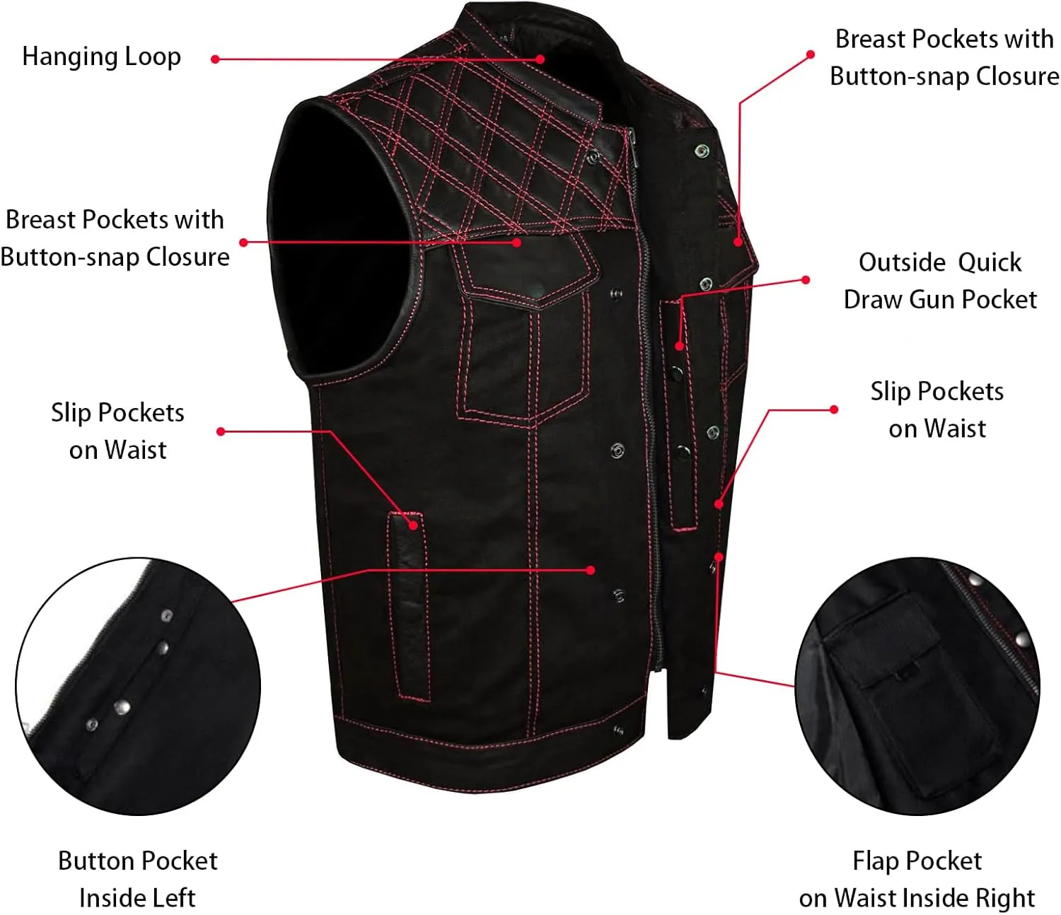 GARGOYLE BELLS Men's Denim & Leather Motorcycle Vest with Gun Pockets SOA Biker Club Vest with Diamond Padding For Riding