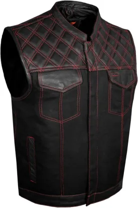 GARGOYLE BELLS Men's Denim & Leather Motorcycle Vest with Gun Pockets SOA Biker Club Vest with Diamond Padding For Riding