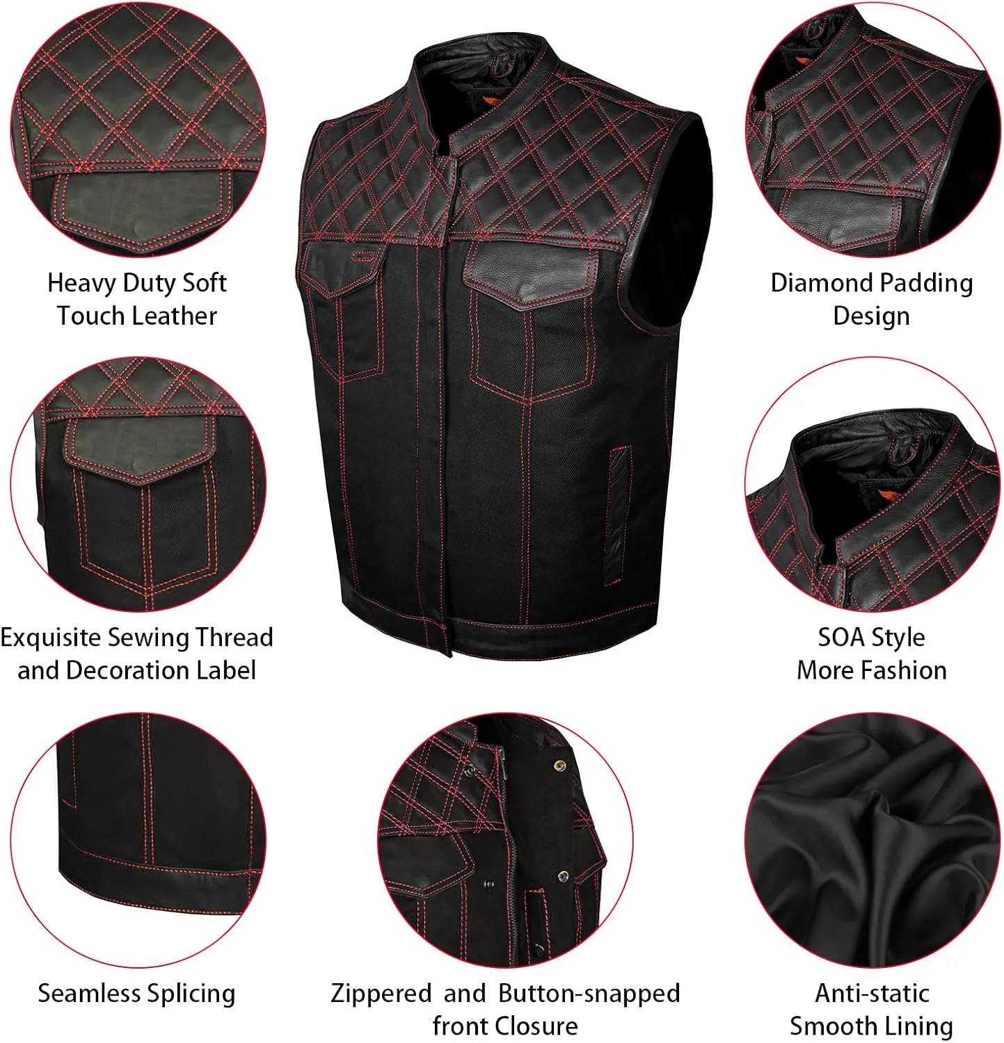 GARGOYLE BELLS Men's Denim & Leather Motorcycle Vest with Gun Pockets SOA Biker Club Vest with Diamond Padding For Riding