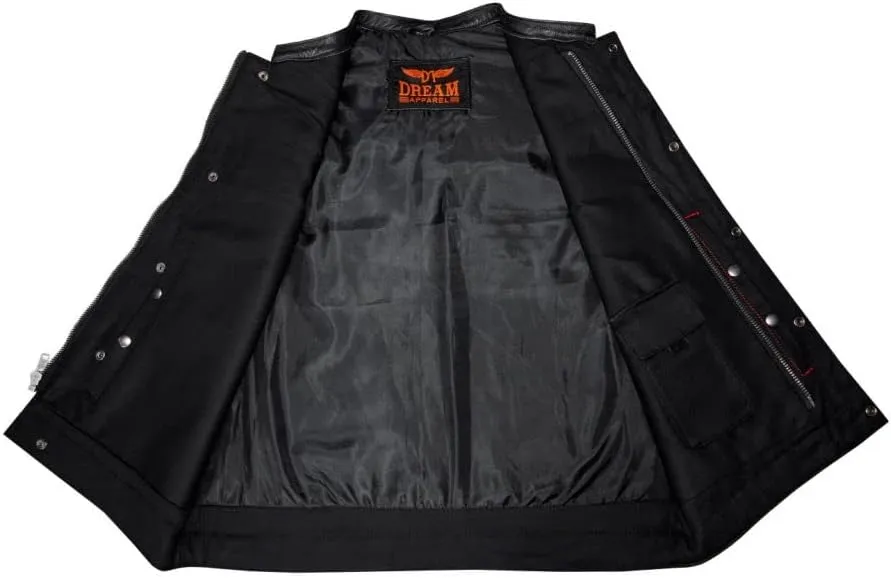 GARGOYLE BELLS Men's Denim & Leather Motorcycle Vest with Gun Pockets SOA Biker Club Vest with Diamond Padding For Riding