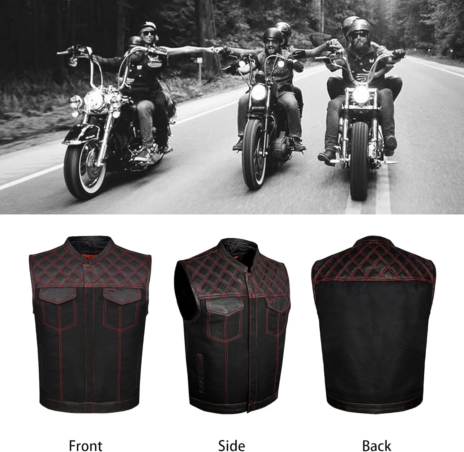 GARGOYLE BELLS Men's Denim & Leather Motorcycle Vest with Gun Pockets SOA Biker Club Vest with Diamond Padding For Riding