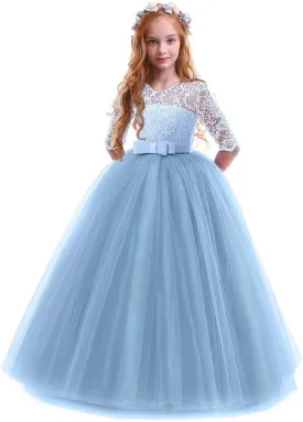 Girls Flower Vintage Floral Lace 3/4 Sleeves Floor Length Dress Wedding Party Evening Formal Pegeant Dance Gown