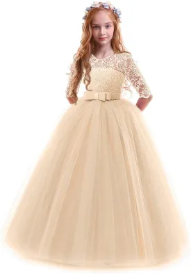 Girls Flower Vintage Floral Lace 3/4 Sleeves Floor Length Dress Wedding Party Evening Formal Pegeant Dance Gown