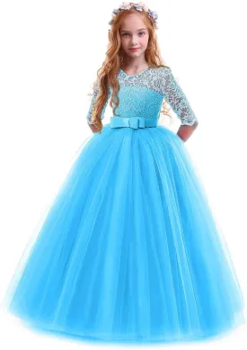 Girls Flower Vintage Floral Lace 3/4 Sleeves Floor Length Dress Wedding Party Evening Formal Pegeant Dance Gown