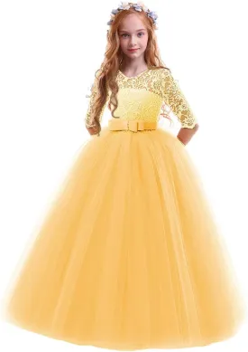 Girls Flower Vintage Floral Lace 3/4 Sleeves Floor Length Dress Wedding Party Evening Formal Pegeant Dance Gown