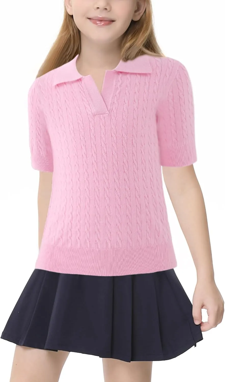 Girls Short Sleeve Polo Shirt Summer Knit School Uniform Blouse V Neck Cable Pullover Sweater Tops 5-14 Years