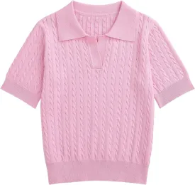 Girls Short Sleeve Polo Shirt Summer Knit School Uniform Blouse V Neck Cable Pullover Sweater Tops 5-14 Years