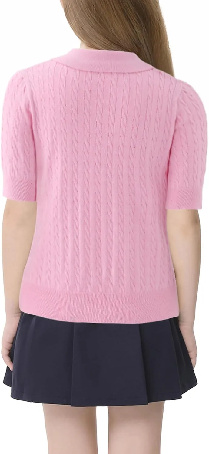 Girls Short Sleeve Polo Shirt Summer Knit School Uniform Blouse V Neck Cable Pullover Sweater Tops 5-14 Years