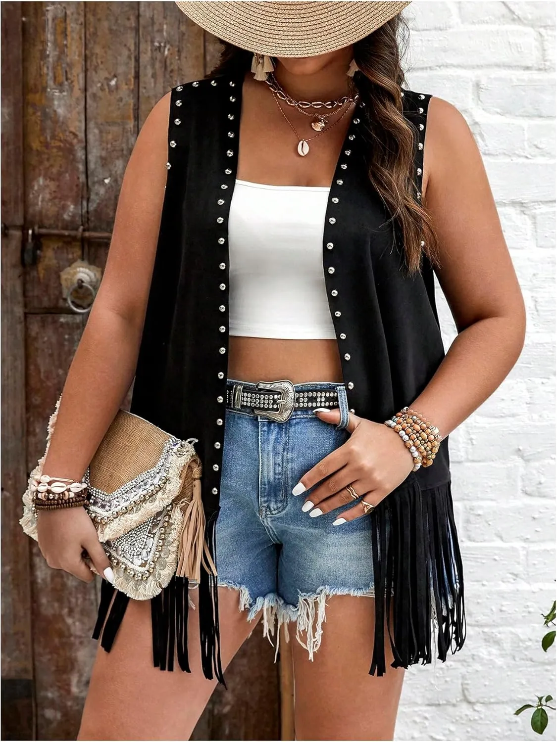 GORGLITTER Women's Plus Size Fringe Vest Cowgirl Western Outfits Rivets Sleeveless Tassel Jacket