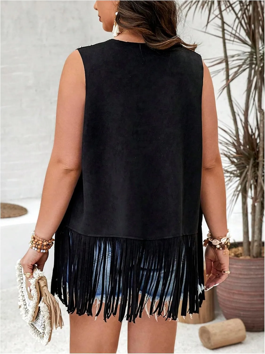 GORGLITTER Women's Plus Size Fringe Vest Cowgirl Western Outfits Rivets Sleeveless Tassel Jacket