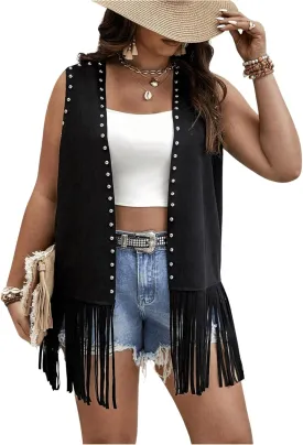 GORGLITTER Women's Plus Size Fringe Vest Cowgirl Western Outfits Rivets Sleeveless Tassel Jacket
