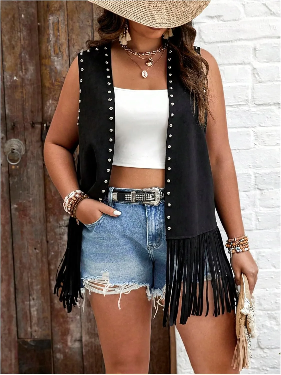 GORGLITTER Women's Plus Size Fringe Vest Cowgirl Western Outfits Rivets Sleeveless Tassel Jacket