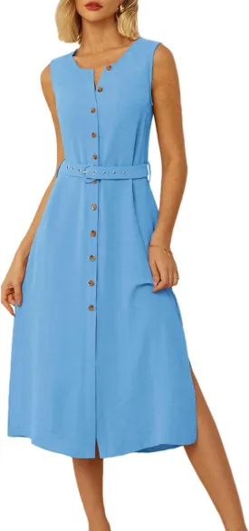GRACE KARIN Women Casual Summer Dress 2025 Business Work Belted Sleeveless Button Down Shirt Midi Dresses with Pockets