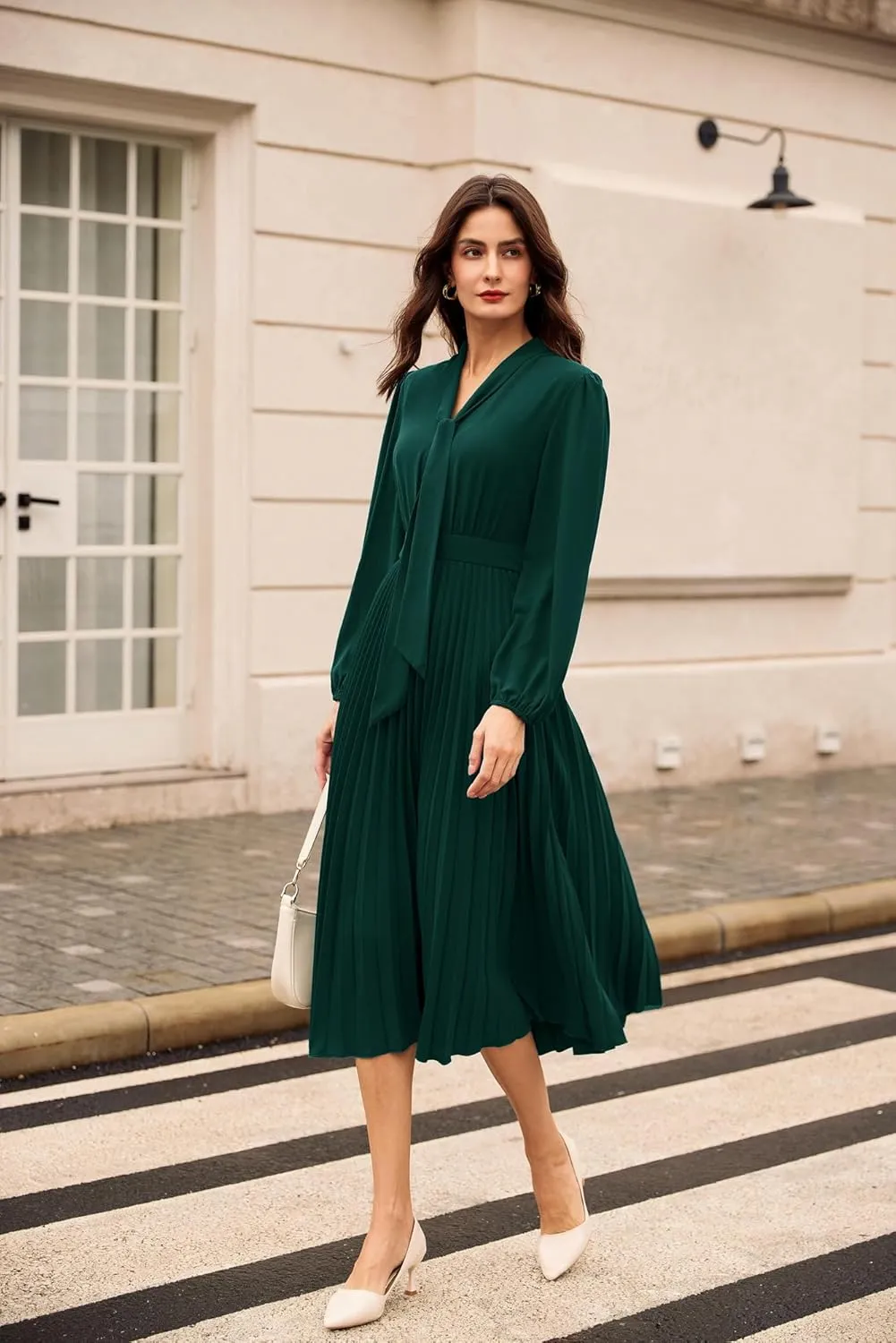 GRACE KARIN Womens 2024 Fall Long Sleeve Dress Casual V Neck Pleated A Line Flowy Midi Dresses