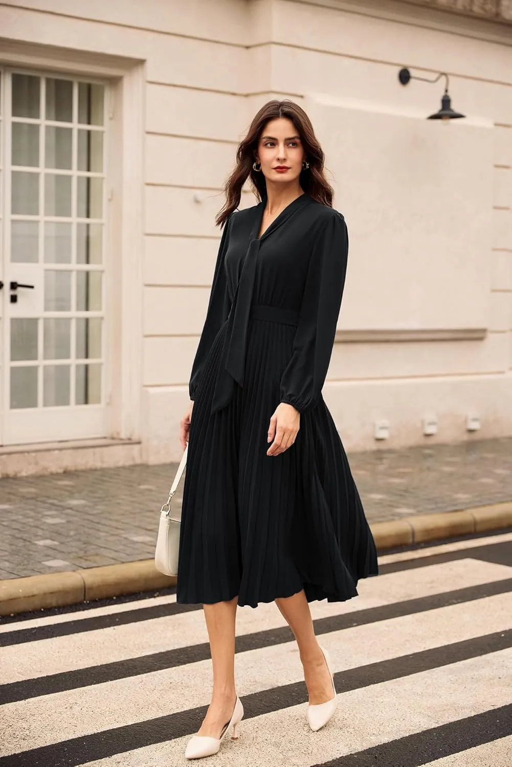 GRACE KARIN Womens 2024 Fall Long Sleeve Dress Casual V Neck Pleated A Line Flowy Midi Dresses