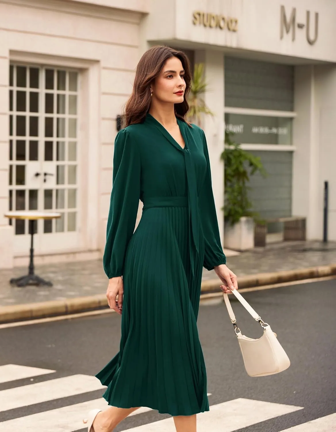 GRACE KARIN Womens 2024 Fall Long Sleeve Dress Casual V Neck Pleated A Line Flowy Midi Dresses