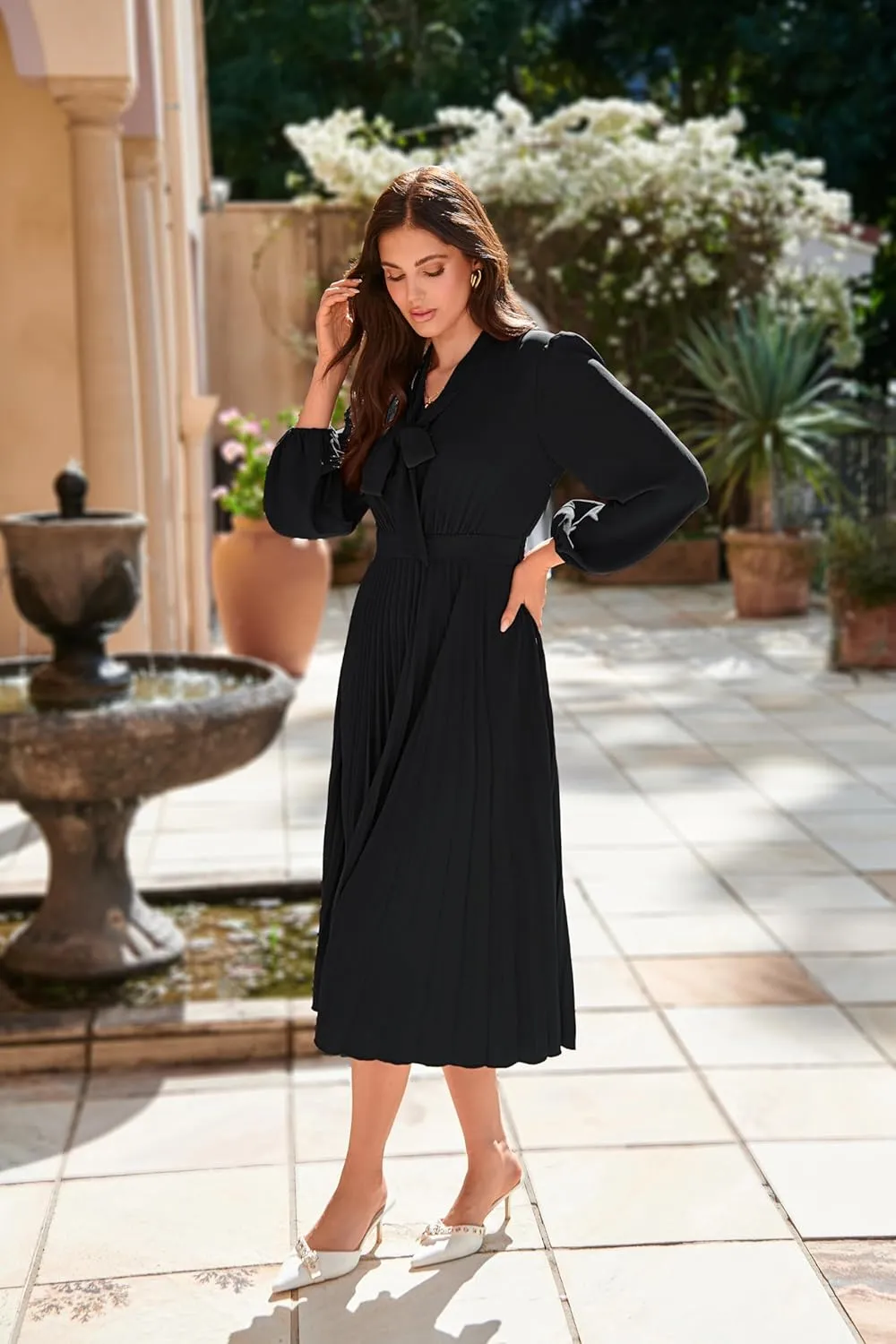 GRACE KARIN Womens 2024 Fall Long Sleeve Dress Casual V Neck Pleated A Line Flowy Midi Dresses