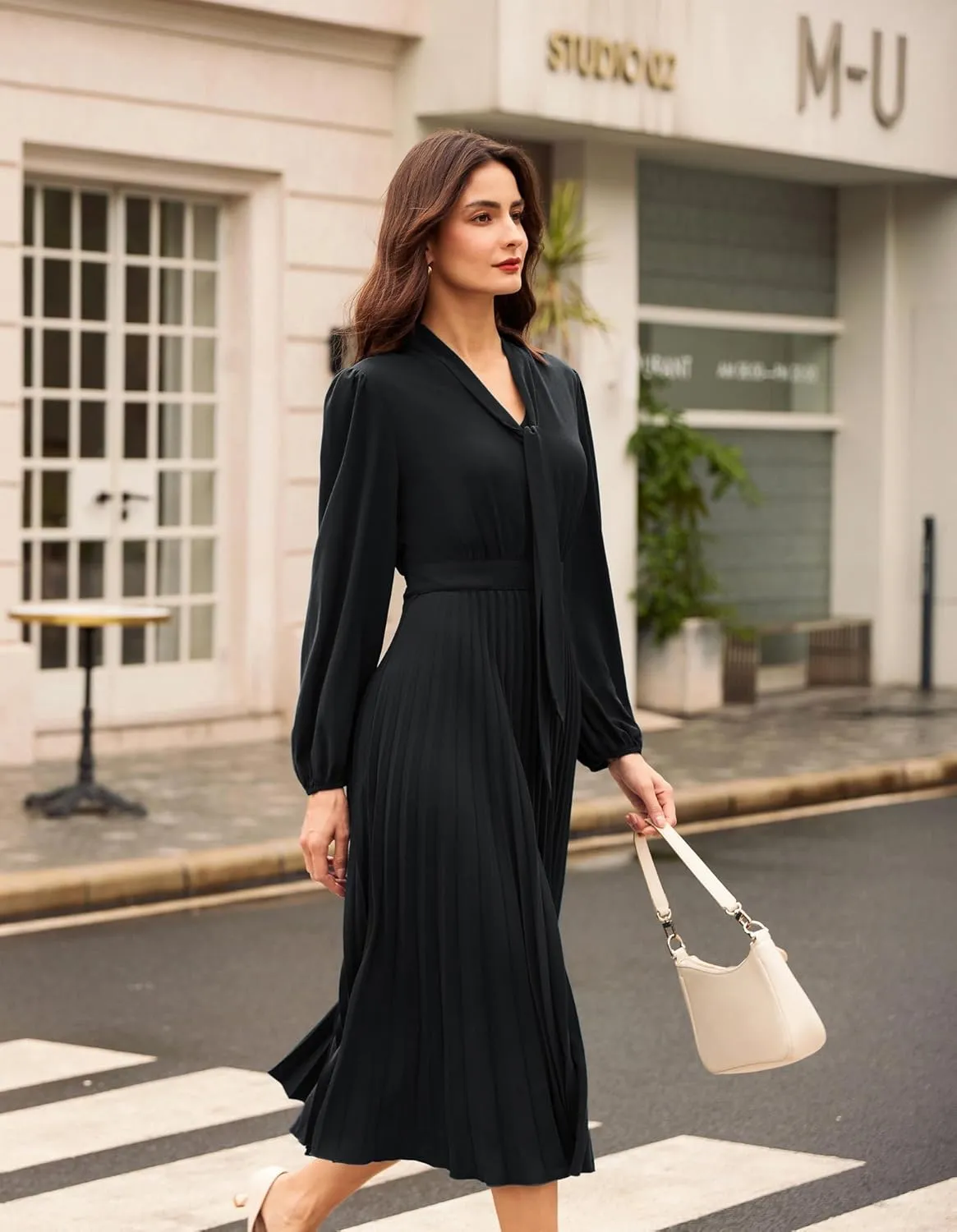 GRACE KARIN Womens 2024 Fall Long Sleeve Dress Casual V Neck Pleated A Line Flowy Midi Dresses