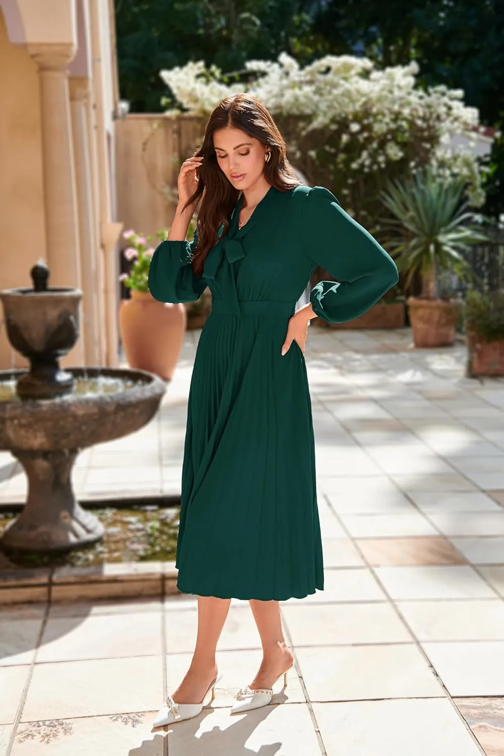 GRACE KARIN Womens 2024 Fall Long Sleeve Dress Casual V Neck Pleated A Line Flowy Midi Dresses