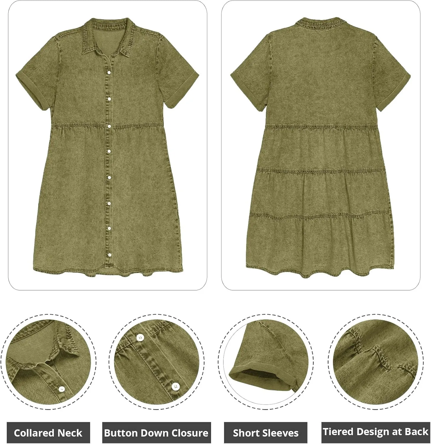 GRAPENT Denim Dress for Women Babydoll Tiered Short Sleeve Button Down Jean Shirt Dresses