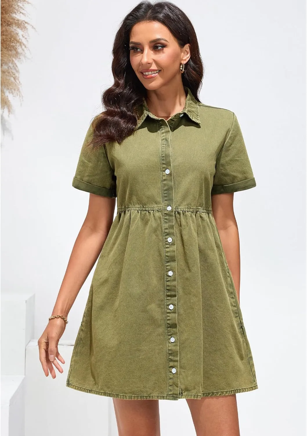 GRAPENT Denim Dress for Women Babydoll Tiered Short Sleeve Button Down Jean Shirt Dresses