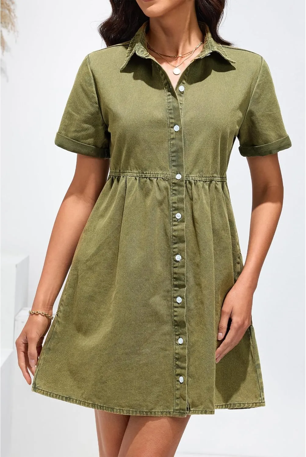 GRAPENT Denim Dress for Women Babydoll Tiered Short Sleeve Button Down Jean Shirt Dresses