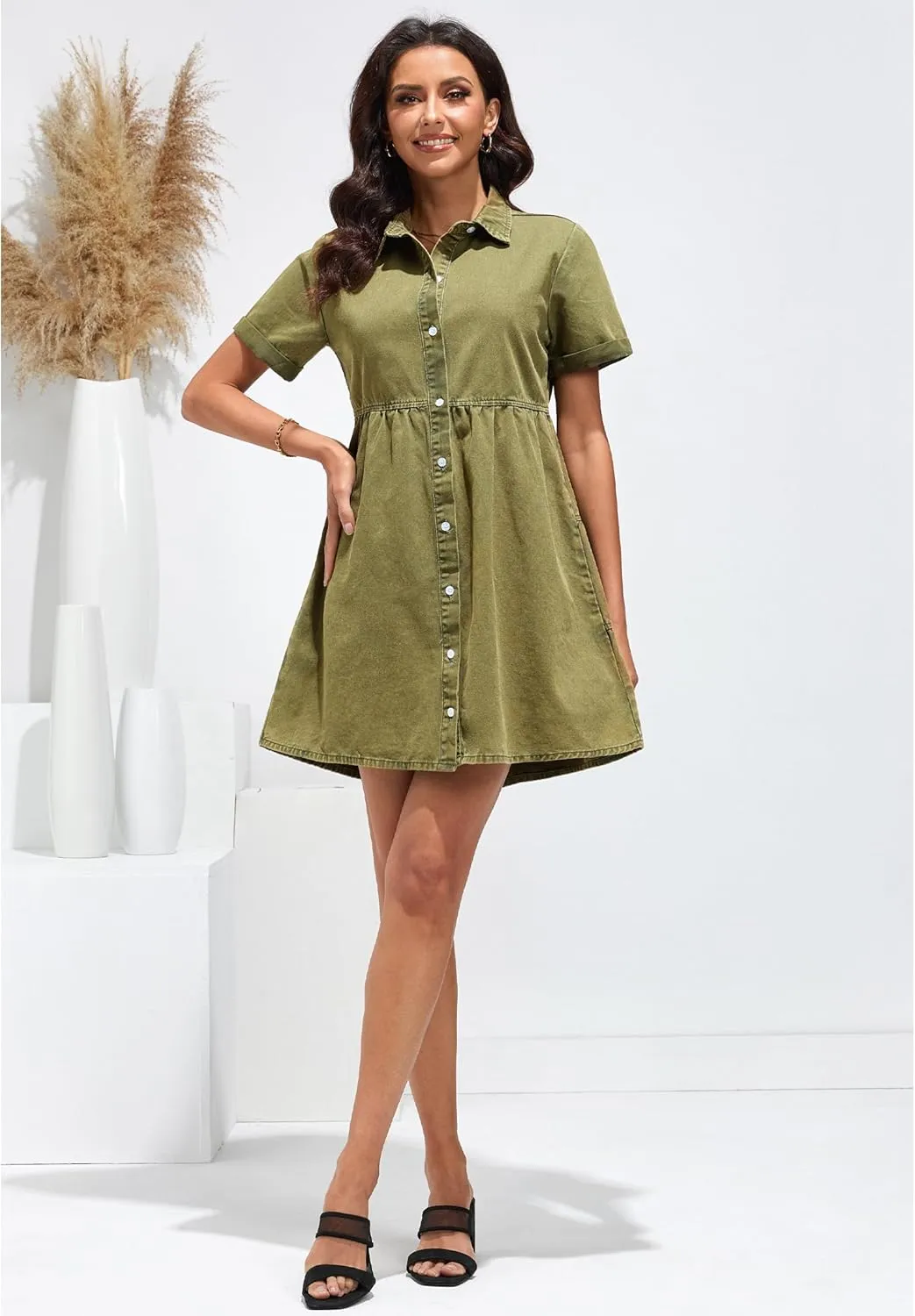 GRAPENT Denim Dress for Women Babydoll Tiered Short Sleeve Button Down Jean Shirt Dresses