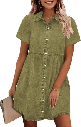 GRAPENT Denim Dress for Women Babydoll Tiered Short Sleeve Button Down Jean Shirt Dresses