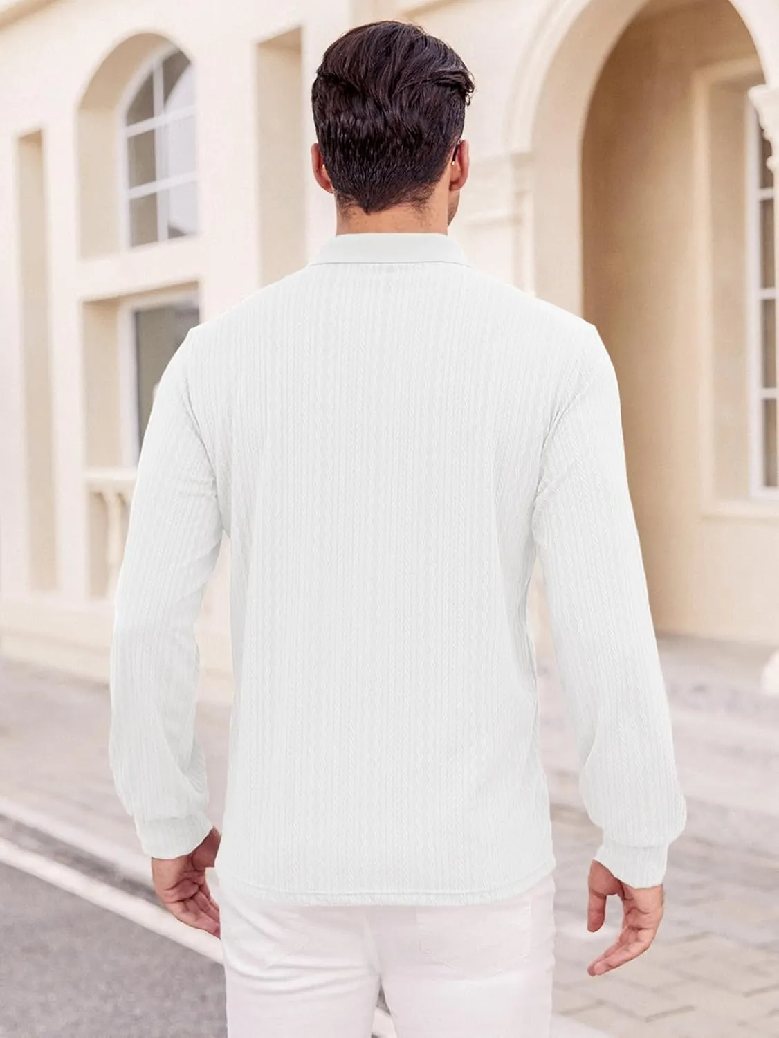 Hardaddy Men's Long Sleeve Textured Polo Shirts Casual T-Shirts Lightweight Collar Shirts