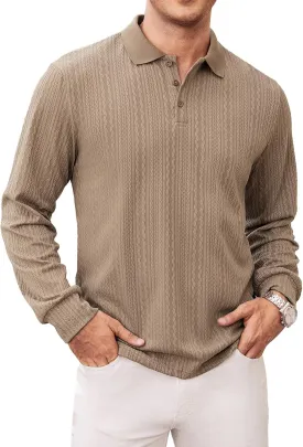 Hardaddy Men's Long Sleeve Textured Polo Shirts Casual T-Shirts Lightweight Collar Shirts