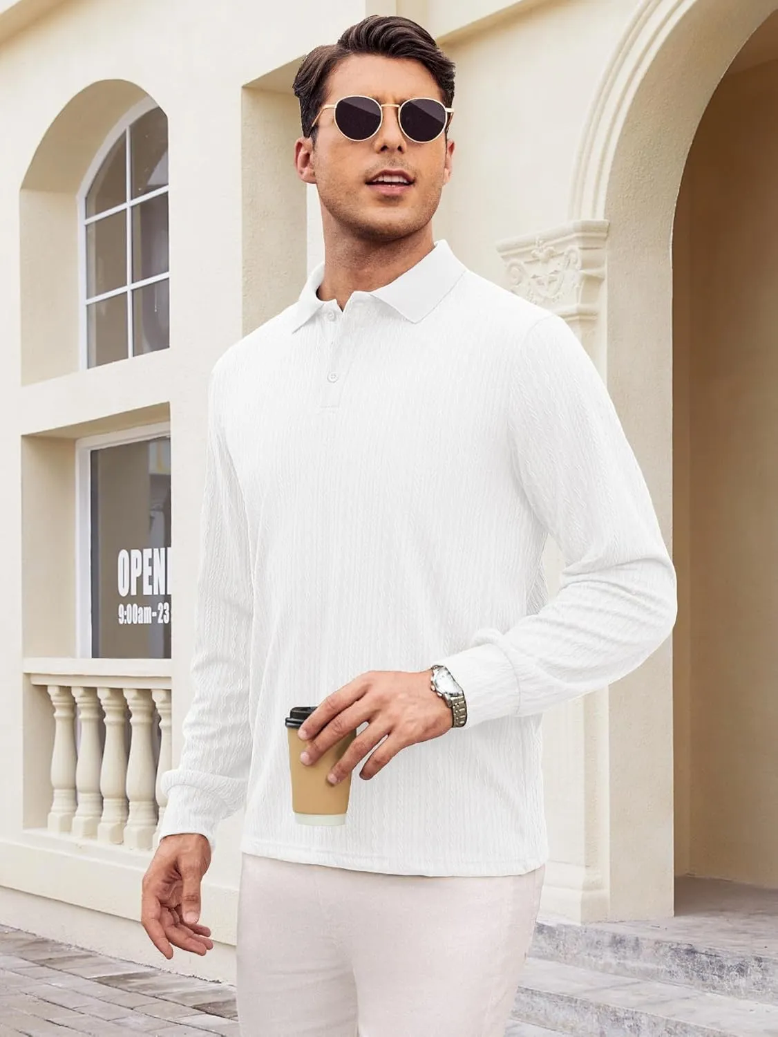 Hardaddy Men's Long Sleeve Textured Polo Shirts Casual T-Shirts Lightweight Collar Shirts