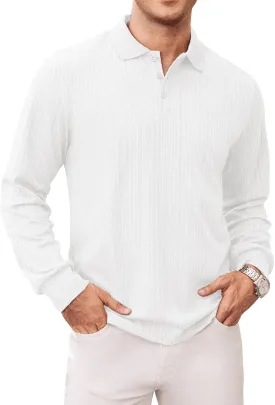 Hardaddy Men's Long Sleeve Textured Polo Shirts Casual T-Shirts Lightweight Collar Shirts
