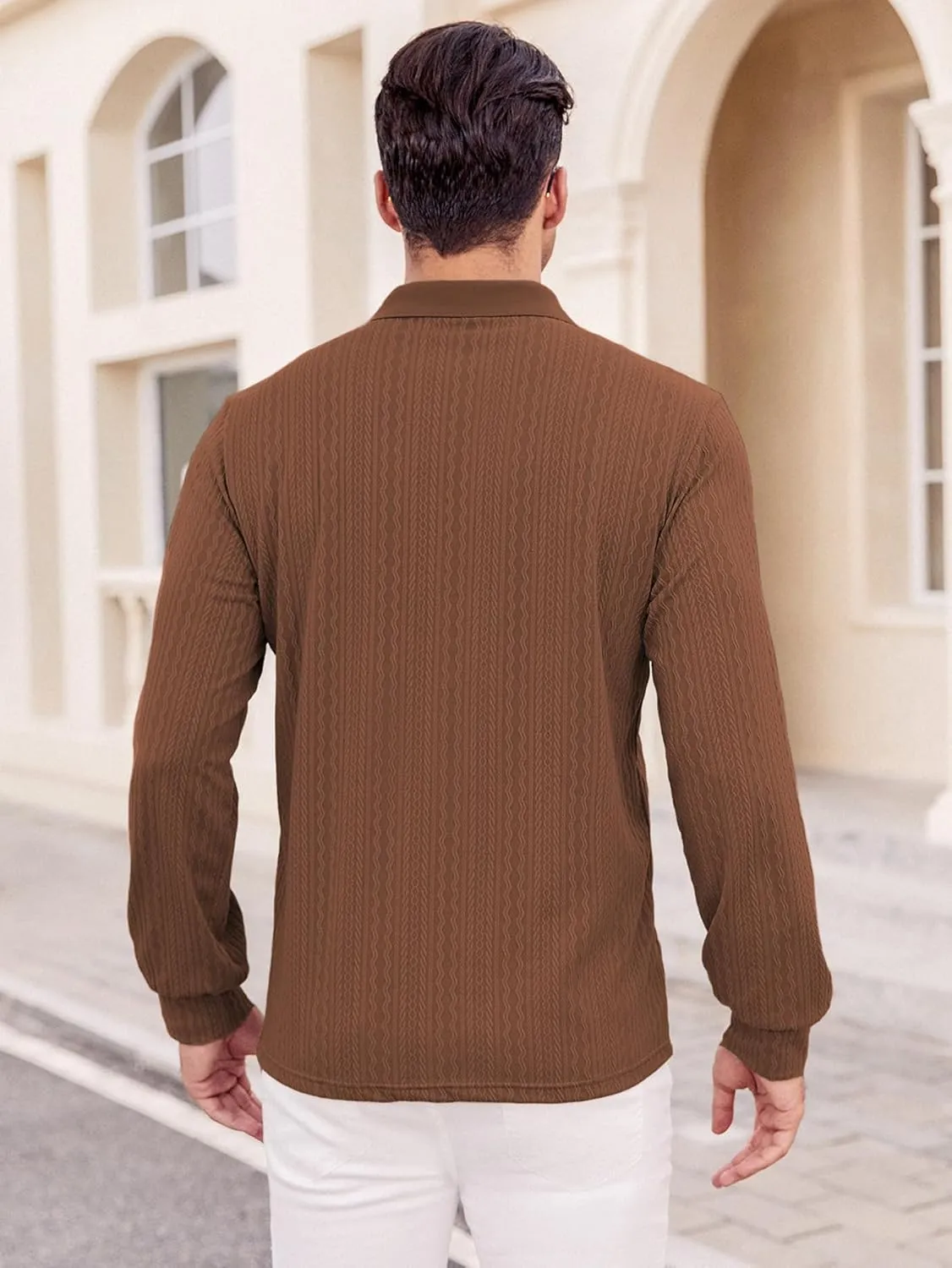 Hardaddy Men's Long Sleeve Textured Polo Shirts Casual T-Shirts Lightweight Collar Shirts