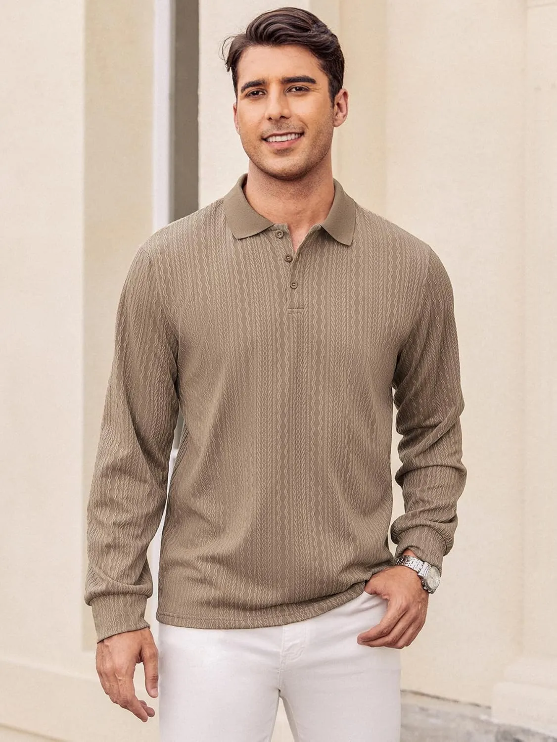 Hardaddy Men's Long Sleeve Textured Polo Shirts Casual T-Shirts Lightweight Collar Shirts