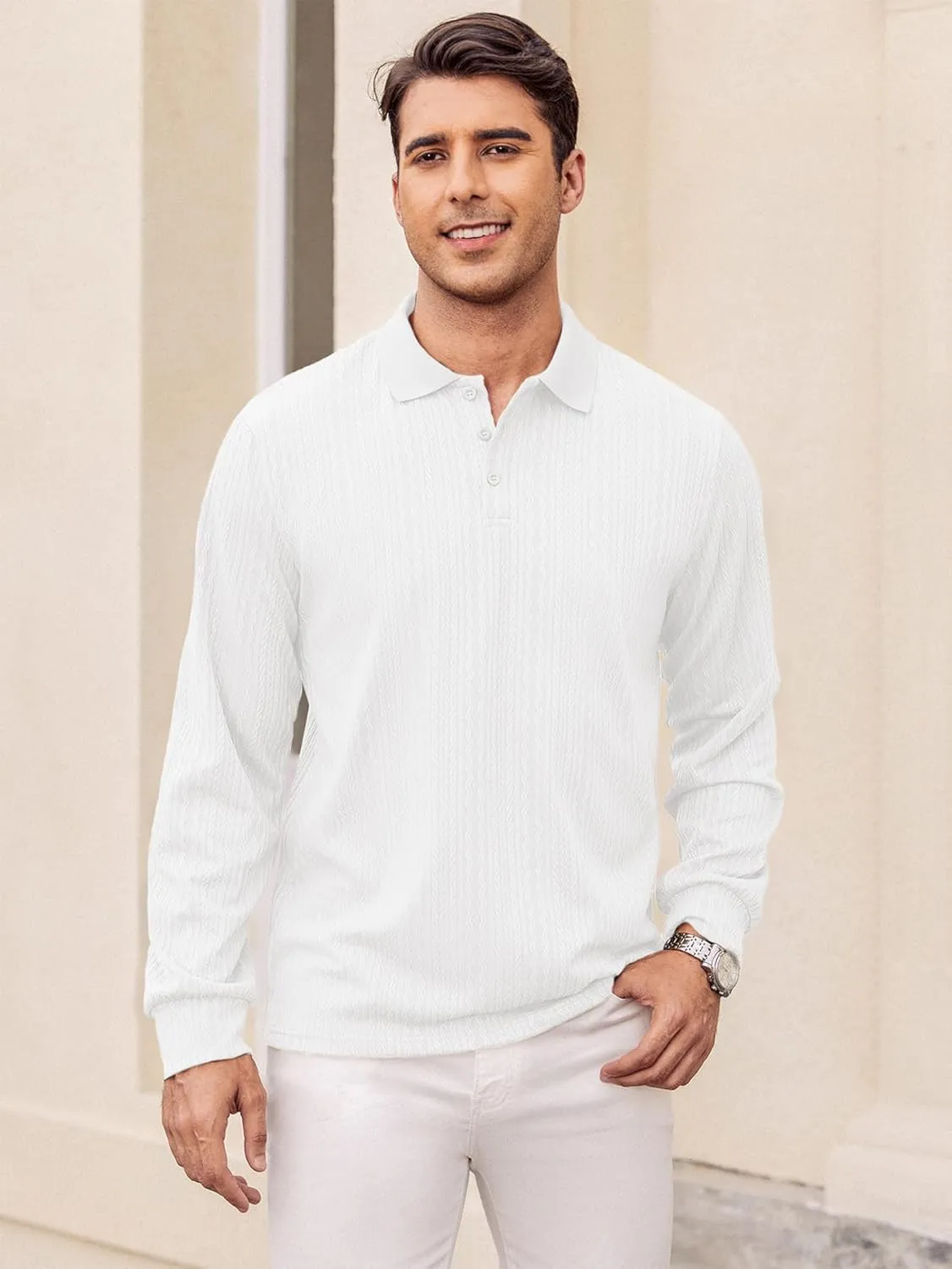 Hardaddy Men's Long Sleeve Textured Polo Shirts Casual T-Shirts Lightweight Collar Shirts