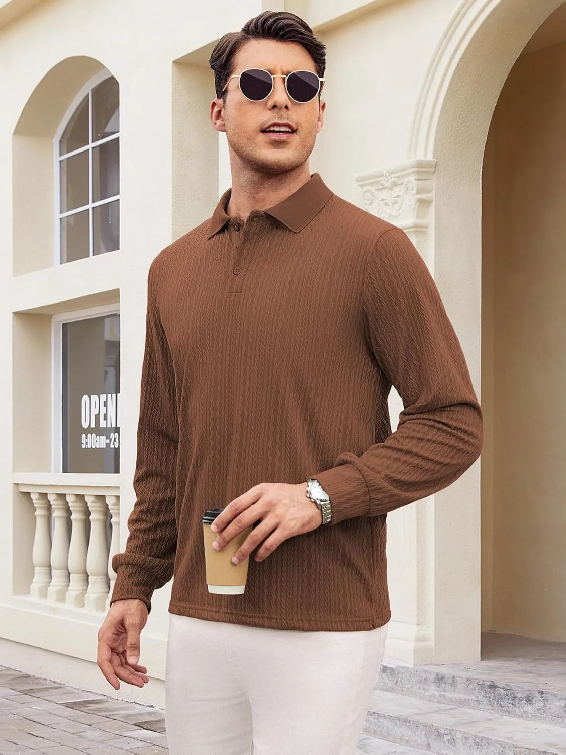 Hardaddy Men's Long Sleeve Textured Polo Shirts Casual T-Shirts Lightweight Collar Shirts