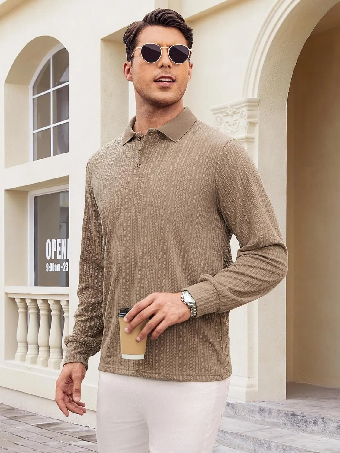 Hardaddy Men's Long Sleeve Textured Polo Shirts Casual T-Shirts Lightweight Collar Shirts