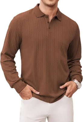 Hardaddy Men's Long Sleeve Textured Polo Shirts Casual T-Shirts Lightweight Collar Shirts