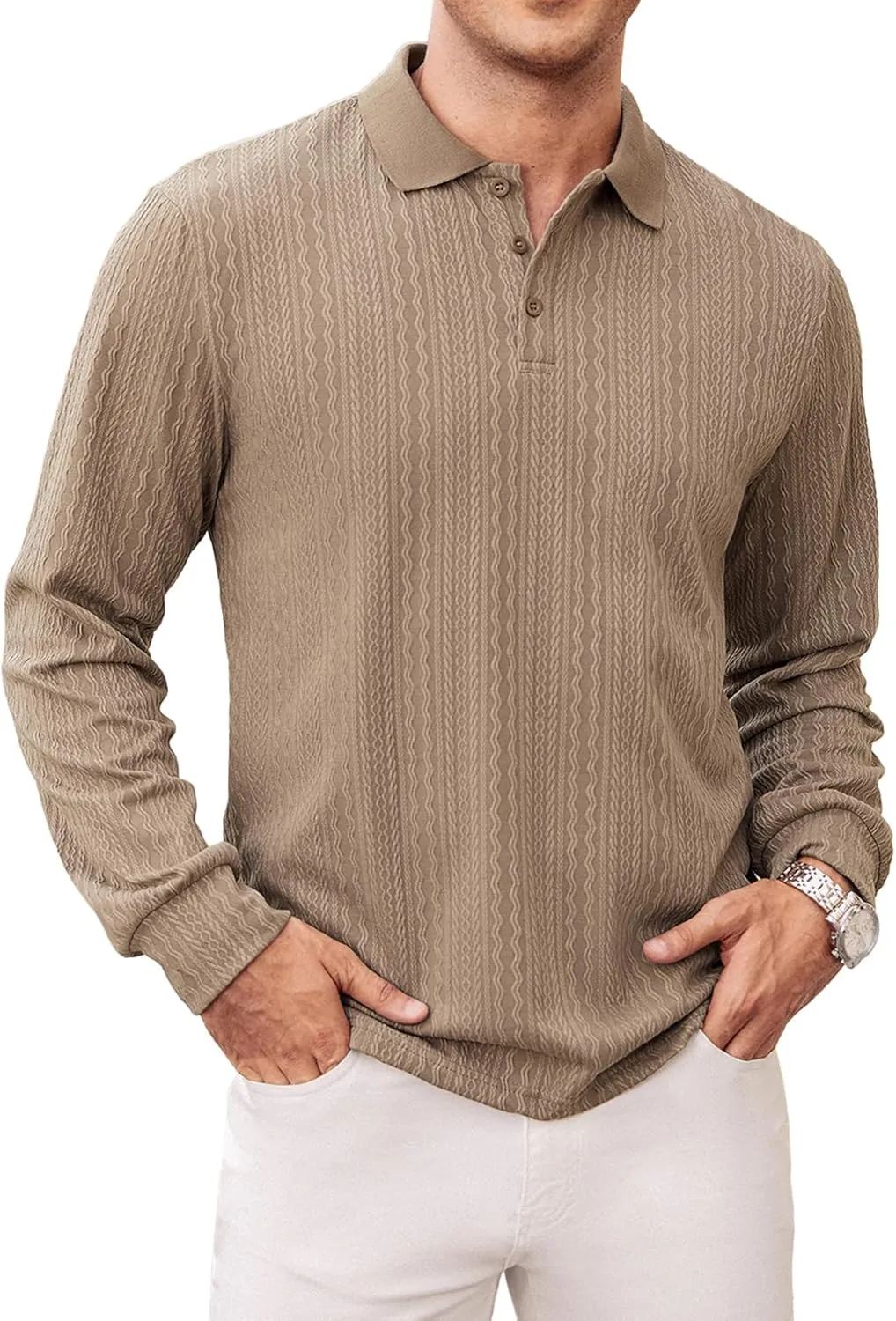 Hardaddy Men's Long Sleeve Textured Polo Shirts Casual T-Shirts Lightweight Collar Shirts
