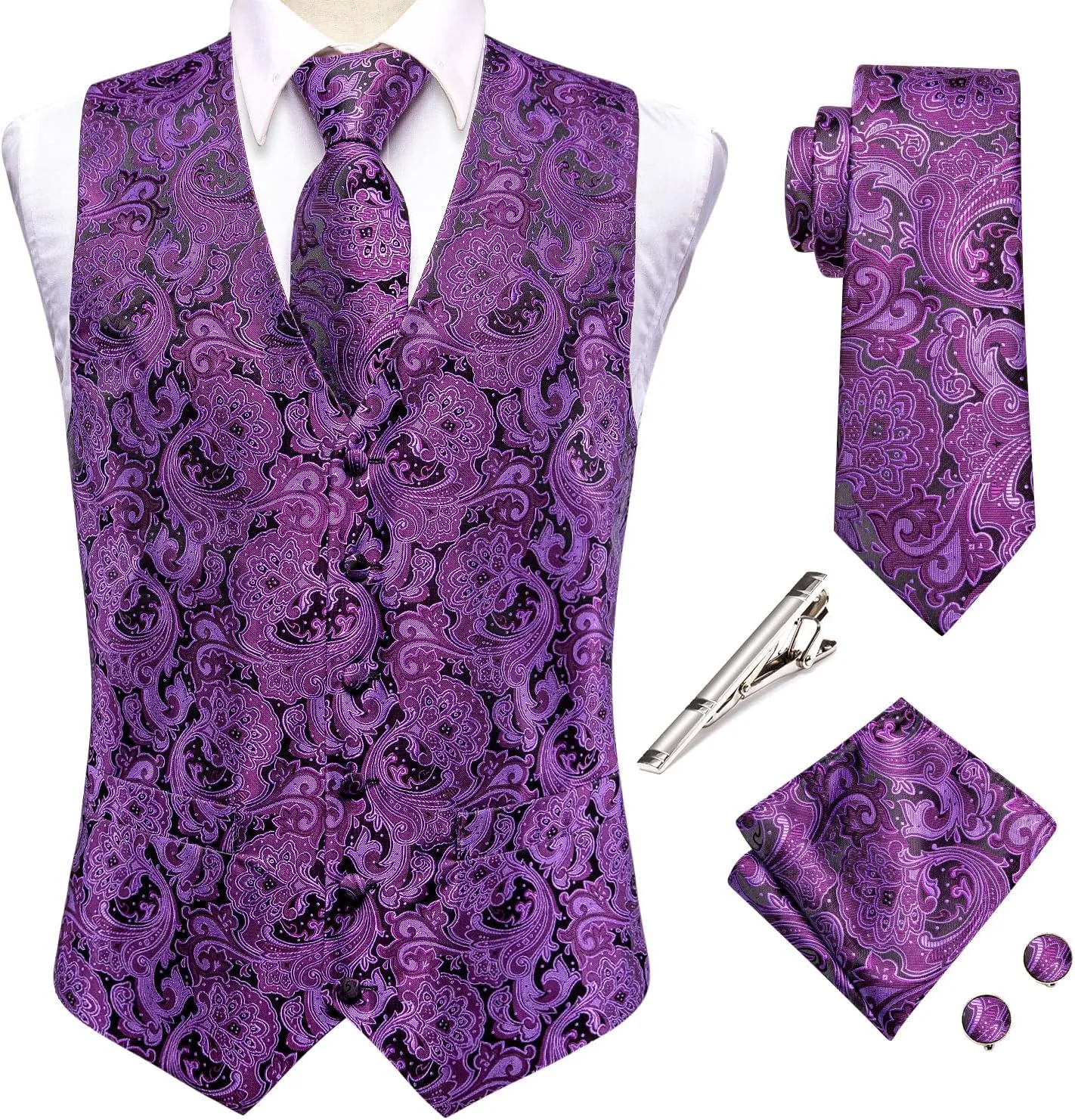 Hi-Tie Mens Silk Suit Vest Jacquard 5PCS Necktie Pocket Square Cufflinks Lapel Pin Formal Wedding Tuxedo