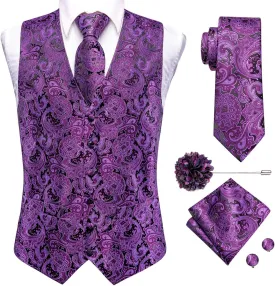 Hi-Tie Mens Silk Suit Vest Jacquard 5PCS Necktie Pocket Square Cufflinks Lapel Pin Formal Wedding Tuxedo