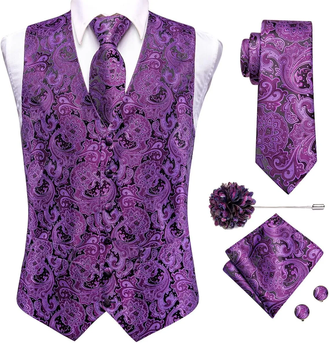 Hi-Tie Mens Silk Suit Vest Jacquard 5PCS Necktie Pocket Square Cufflinks Lapel Pin Formal Wedding Tuxedo