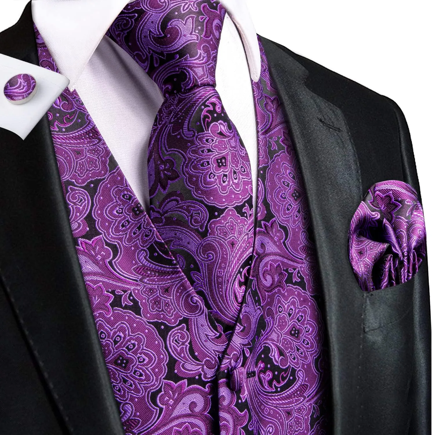 Hi-Tie Mens Silk Suit Vest Jacquard 5PCS Necktie Pocket Square Cufflinks Lapel Pin Formal Wedding Tuxedo