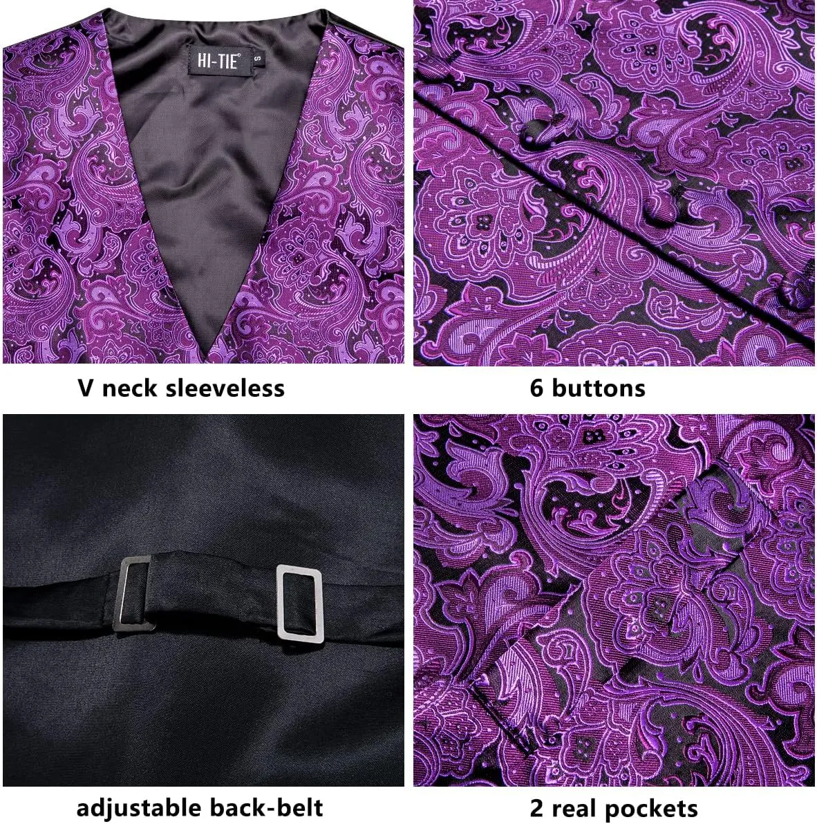 Hi-Tie Mens Silk Suit Vest Jacquard 5PCS Necktie Pocket Square Cufflinks Lapel Pin Formal Wedding Tuxedo