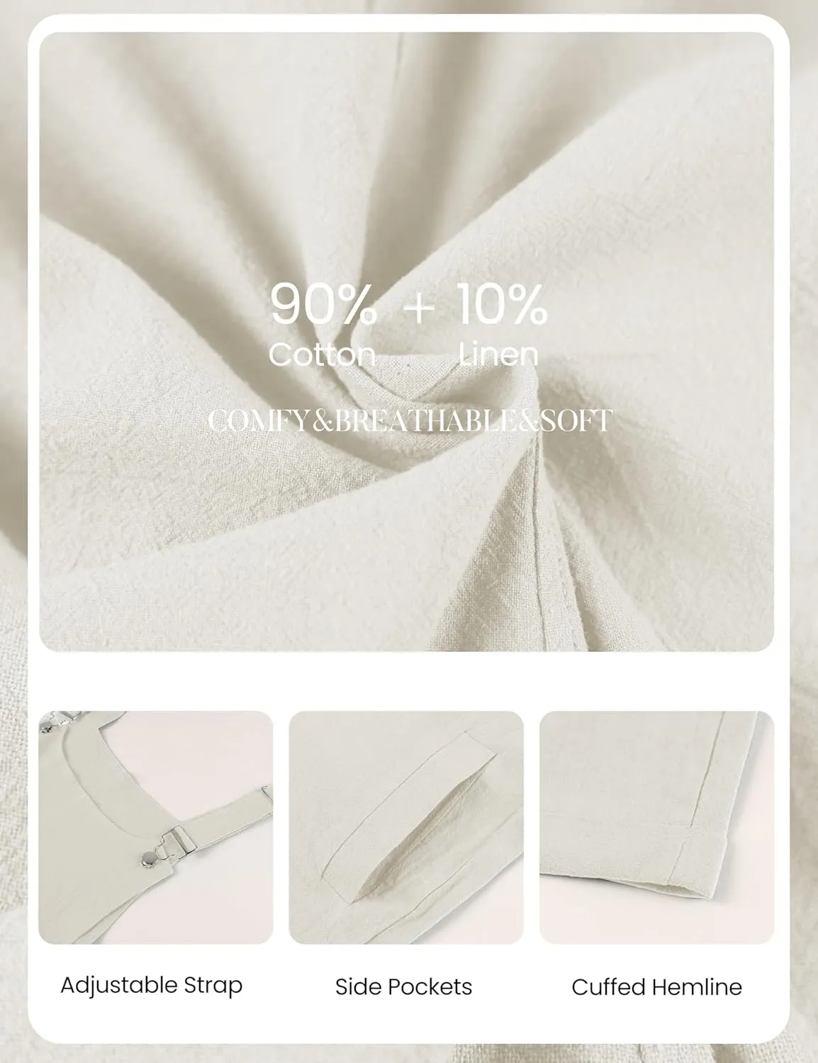 Himosyber Women Cotton Blend Shortall Linen Dual Pocketed Adjustable Strap Cream Pinafore Overall Romper