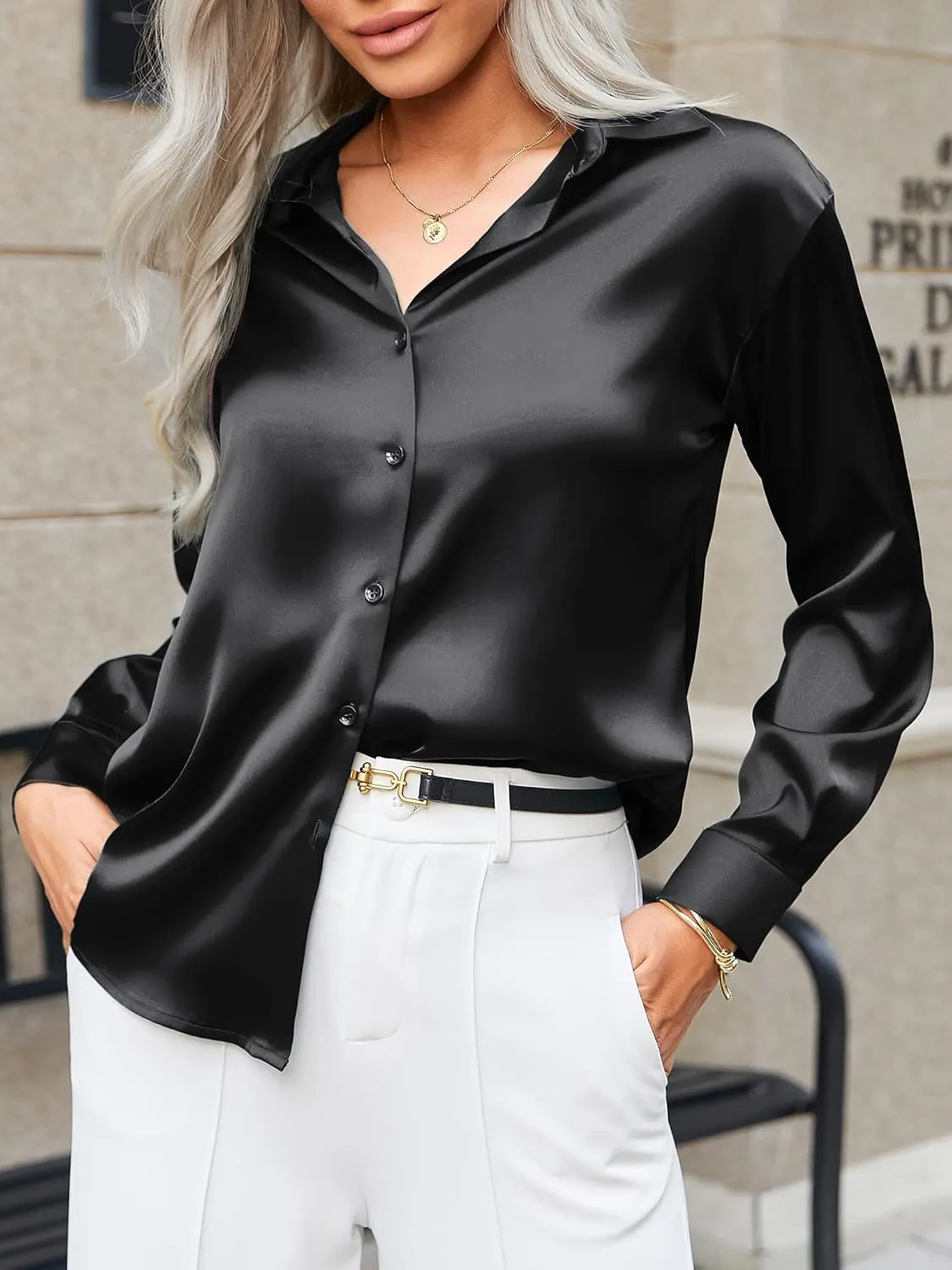 HOTOUCH Women Satin Silk Button Down Shirt Ladies Long Sleeve Tops V Neck Loose Blouse Dressy Business Casual Work Tunic Fall