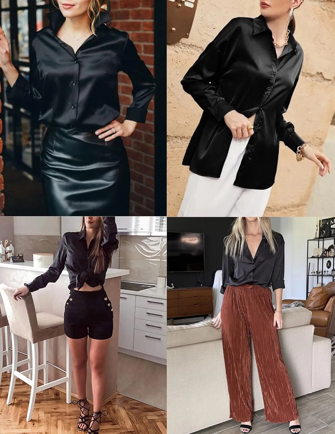 HOTOUCH Women Satin Silk Button Down Shirt Ladies Long Sleeve Tops V Neck Loose Blouse Dressy Business Casual Work Tunic Fall